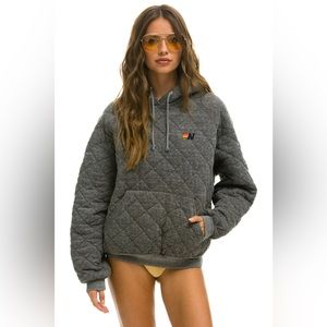 Aviator Nation QUILTED RELAXED PULLOVER HOODIE - HEATHER GREY Size Small